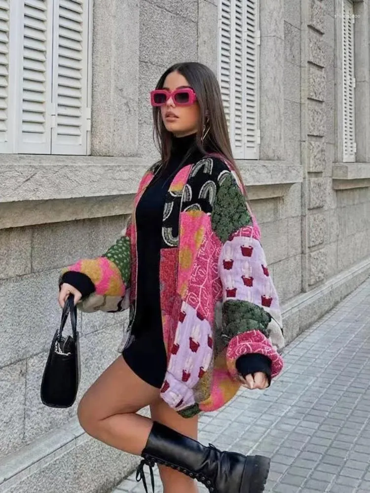 Giacche da donna Bomber casual stampato per donna Scollo a V Manica lunga Cerniera frontale in metallo Giacca ampia Streetwear Capispalla vintage