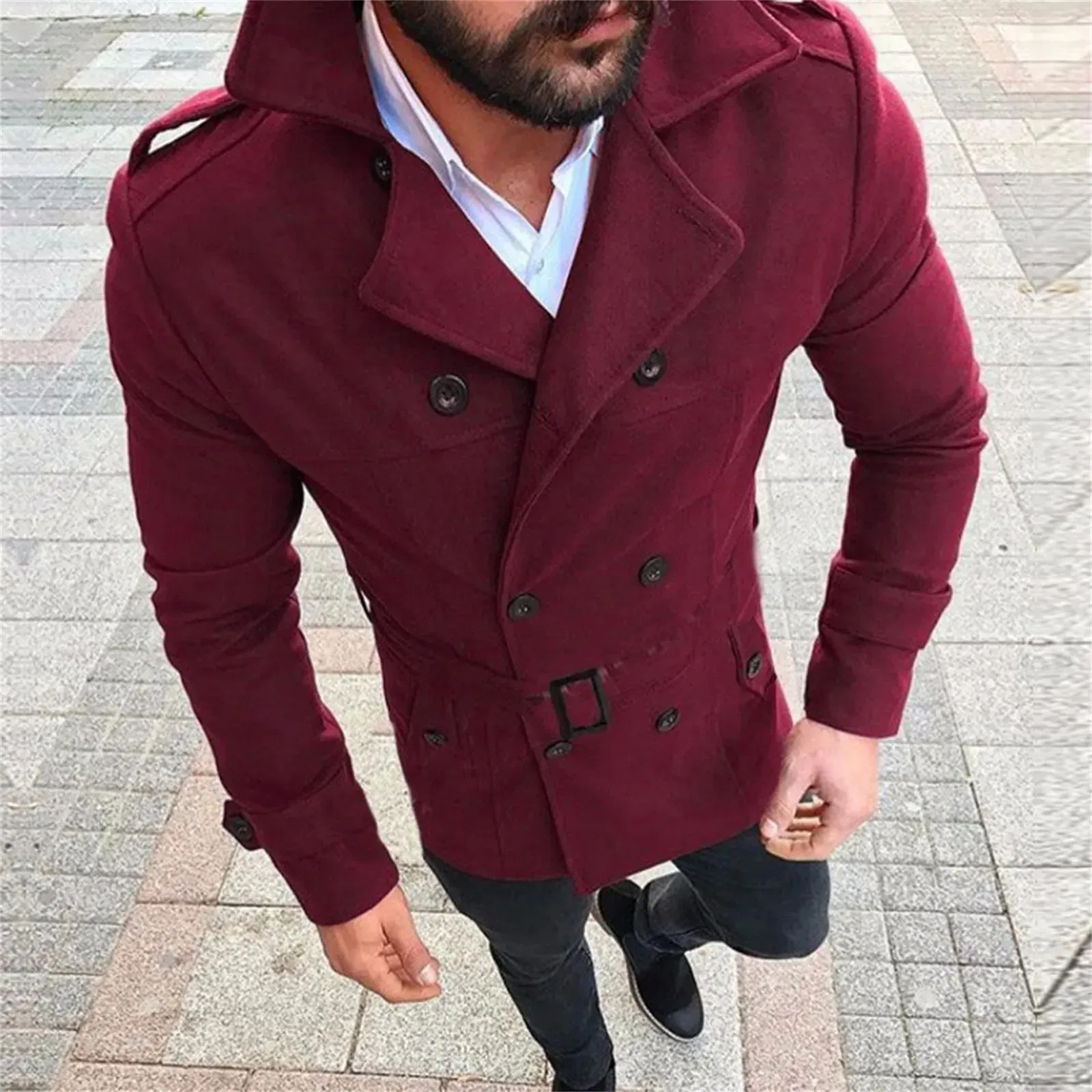 2023 Men's Wool Blends Jacket Men Slim Fit Long Sleeve Suit Top Trench Coat Outwear Hooded Autumn Winter Warm Button