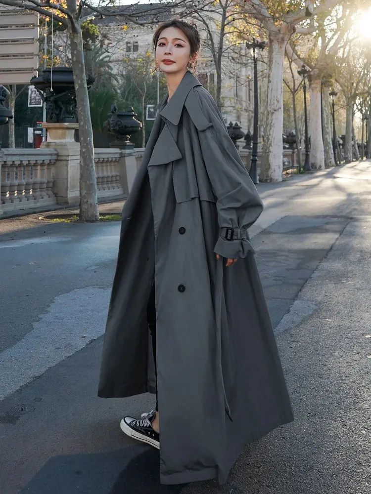 Women's Trench Coats Korean Style Loose Oversized X-Long Women's Trench Coat Double-Breasted Belted Lady Cloak Windbreaker Spring Fall Outerwear Grey 231204