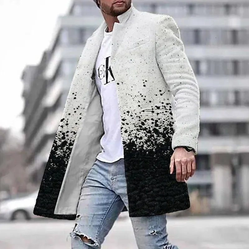 Nya män ull blandar män ull kappa jacka mode randig geometriska tryck unga herrkläder höst vinter enkel bröstficka överrockar utkläder