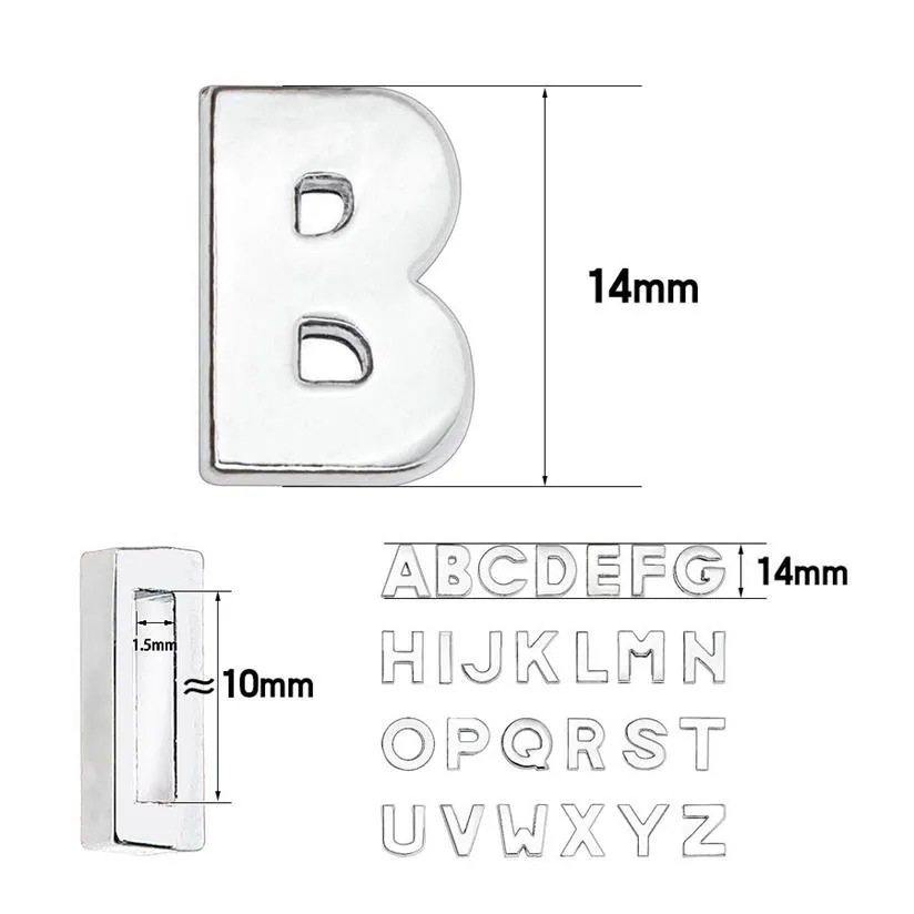 1300 pc / lote 10mm letra de slide simples A-Z cor prata cromo diy encantos alfabeto inglês apto para 10mm pulseira de couro chaveiros326k