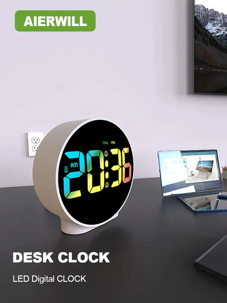 Zegary stolika biurka Aierwill N16 okrągły budzik z kalendarzem drzemki 1224H Tydzień cyfrowe stoły LED zegar do sypialni Pokres Bulbo Sheld 231205