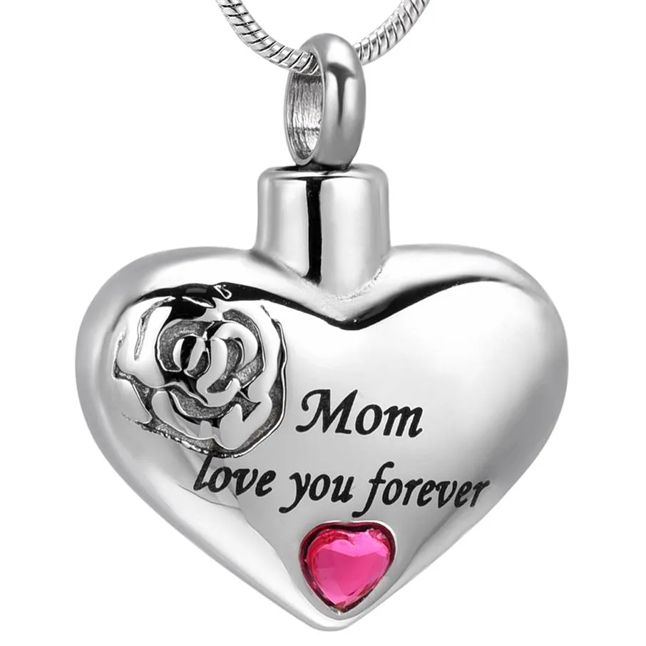 IJD10034 „Mom Love You Forever“-Herz-Halskette für die Feuerbestattung, rotes Stein-Inlay, Beerdigungsurne, Aschehalter, menschliche Feuerbestattungsschatulle für geliebte Menschen, O285N