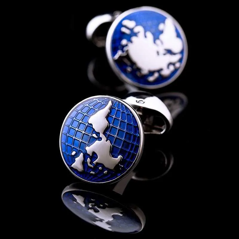 Запонки, ювелирные изделия, запонки с картой мира для мужских рубашек, синяя кнопка, высококачественные брендовые роскошные запонки для гостей свадьбы R231205