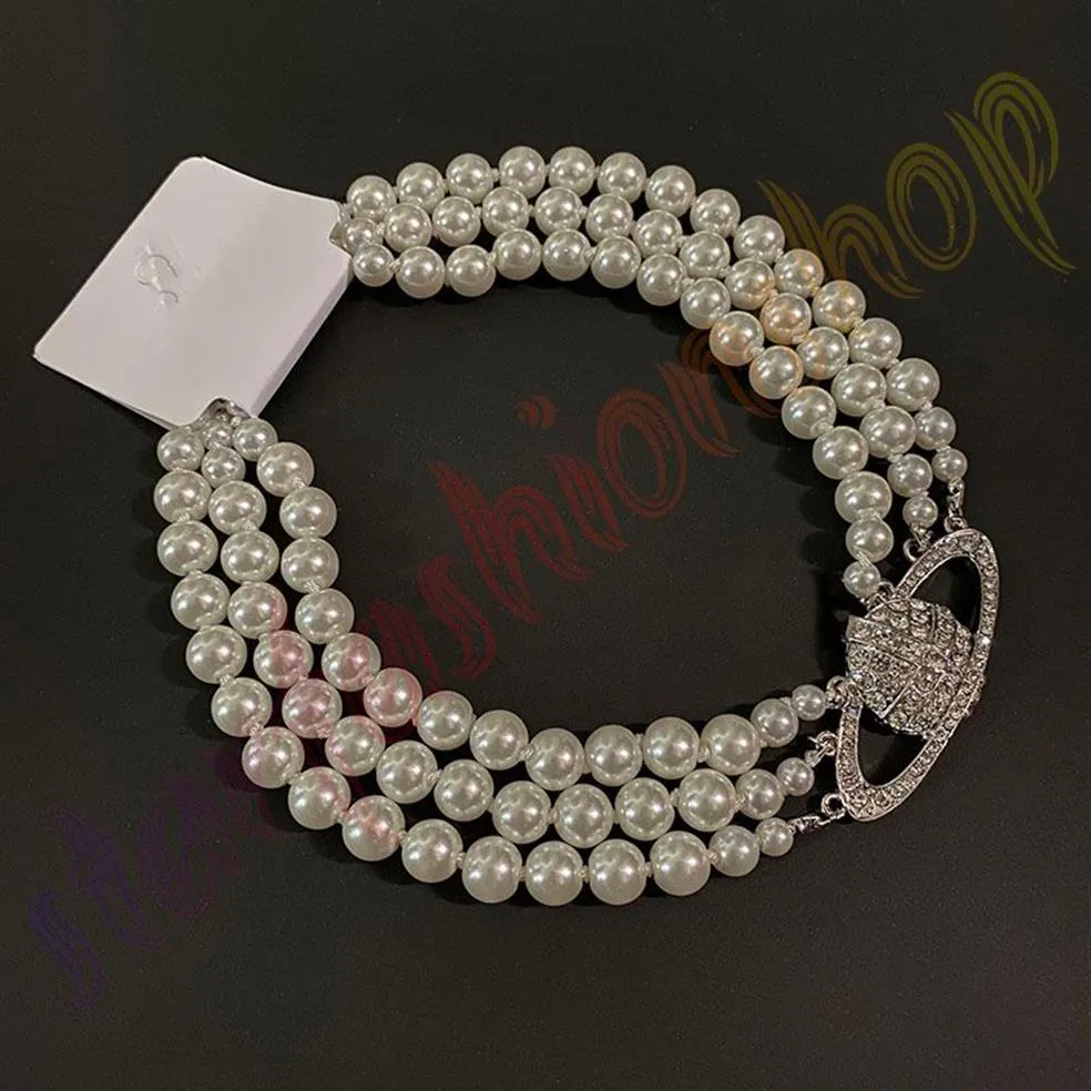 Saturn Halsketten Perlenperlen Diamant Tennis Halskette Frau Versilberung Dreifachketten Vintage Trendiger Stil Desigenr Jewelry252S