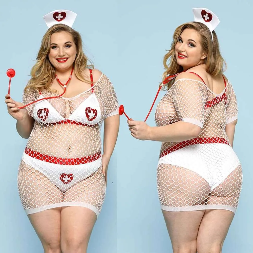 Sexig dräkt jsy sexig sjuksköterska cosplay set plus size women fishnet klänning underkläder erotiska underkläder porrdräkter sex roll spela kläder