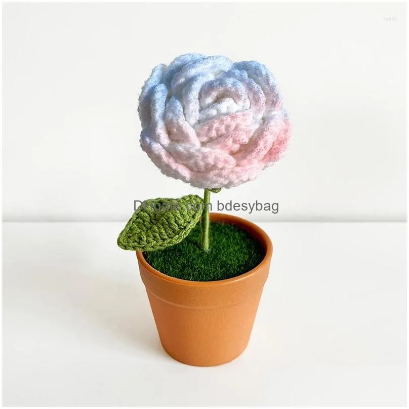 Decorative Flowers & Wreaths Decorative Flowers Cloghet Rose Sunflower Tip Potted Artificial Plants Hand Knitted Desktop Ornament Vale Dhf9Y