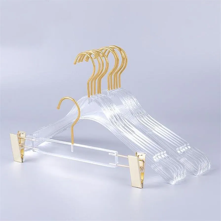 10 stuks hoogwaardige helder acryl kristal kledingkostuums hanger met gouden haak transparant acryl broekhangers met gouden clips 20121991
