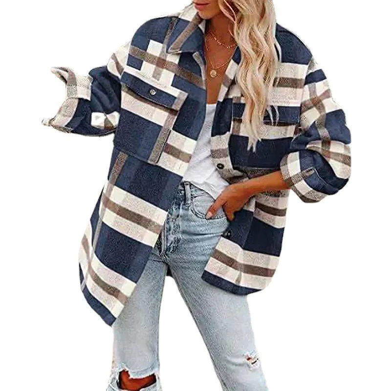 Camicie scozzesi alla moda da donna Top Cappotto di lana Donna Autunno Streetwear Bavero Manica lunga Giacca casual allentata Camicia cardigan da ragazza