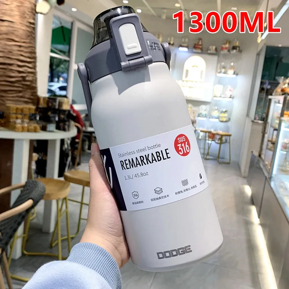 Thermoses bouteille d'eau thermique de 1300ML | Grande capacité avec paille, Thermos en acier inoxydable, tasse froide et de Sport 231205
