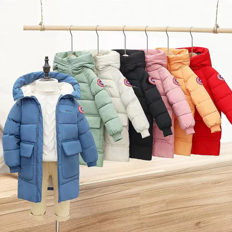 Down Coat Baby Boys Jackets vinter rockar barn tjocka långa barn varma ytterkläder huva för flickor snöar överrockkläder fast färg