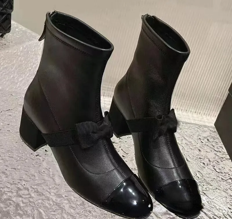 Qomen – bottes de styliste en cuir avec nœud papillon, bottes courtes à talons mi-hauts, fermeture éclair arrière, automne et hiver