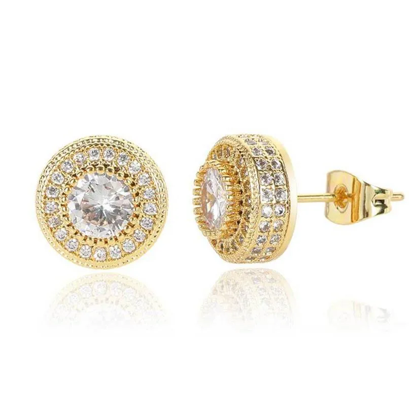 Unisex Stunning Round Cut Cubic Zircon Stud Earrings 1CM Diameter HipHop Brass Drop shiping Jewellery for Man Women247h
