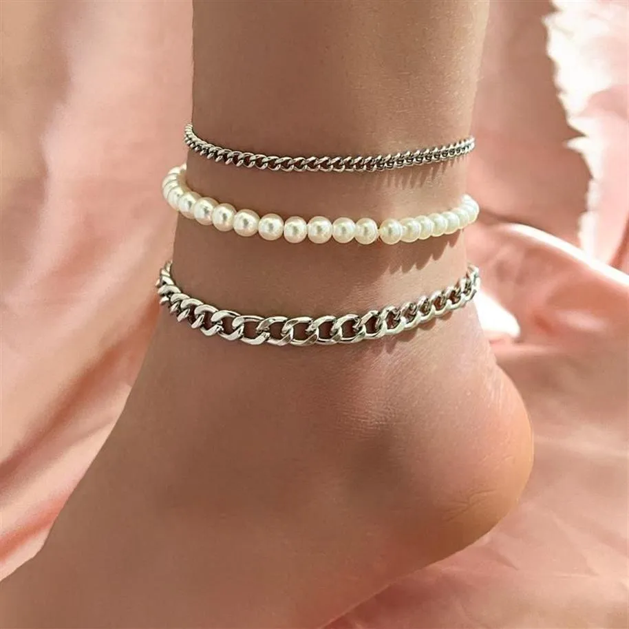 Tornozeleiras clássico cor de prata cubana corrente boêmia imitação pérola tornozelo pulseiras para mulheres verão praia tornozeleira jóias female2271
