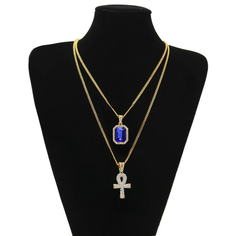 Pendant Necklaces Gold Chains Pretty Egyptian Ankh With Red Ruby Cross Pendant Necklace Set Men Bling Hip Hop Jewelry Drop Delivery Je Dhzxh