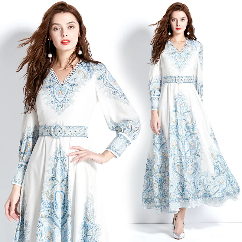 Paisley Floral Party Boho Maxi Dress Robe Long Sleeve 여자 디자이너 V-Neck 슬림 하이 허리 휴가 느슨한 큰 스윙 드레스 2023 Spring Fall Elegant Fit Runway Frocks