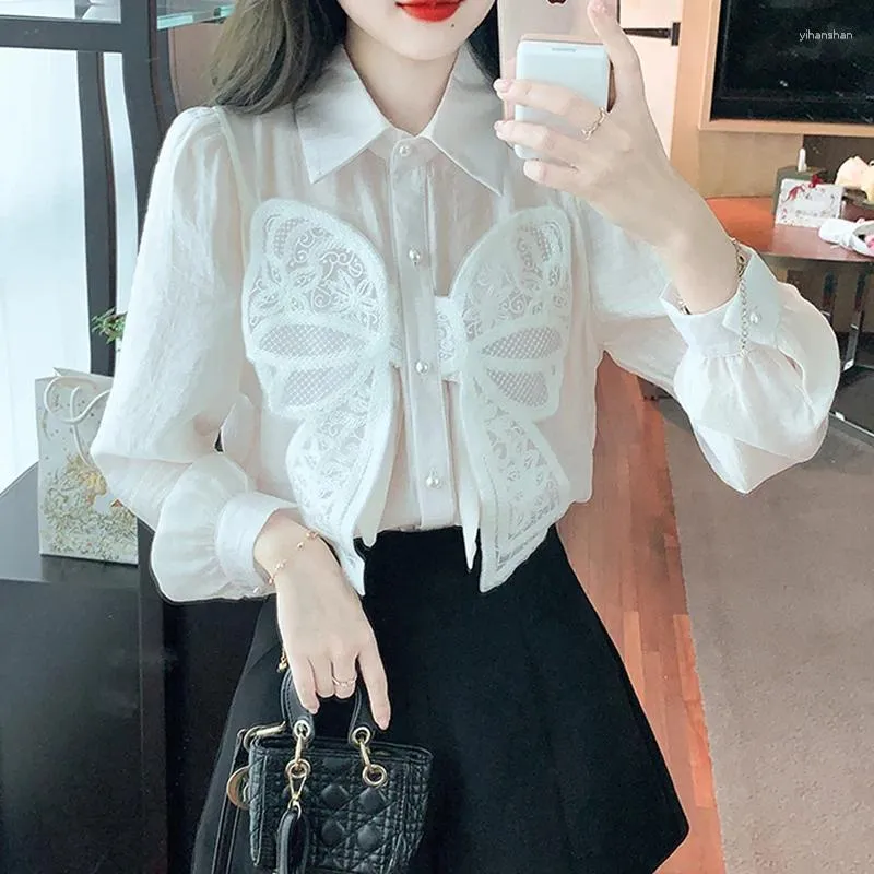 Vrouwen Blouses Elegante Zoete Kant Strik Blouse Blusas Mujer De Moda 2023 Herfst Mode Lange Mouw Wit Los Overhemd vrouwelijke