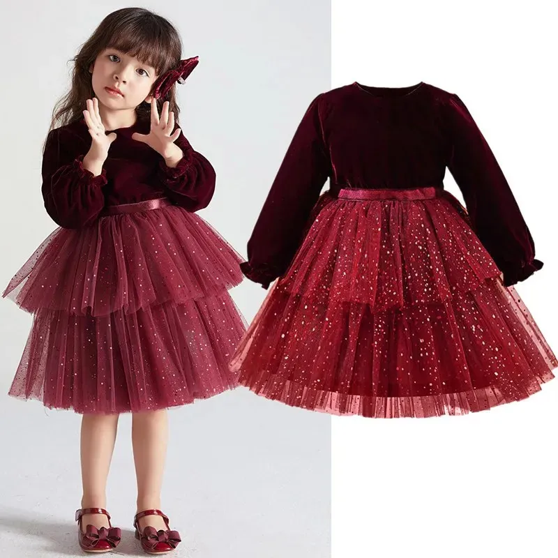 Vestidos da menina Inverno Meninas Vestidos 3-8 Anos Manga Longa Primavera / Outono Casual Crianças Roupas Lantejoulas Festa de Ano de Natal Vestido Vermelho para Meninas 231204