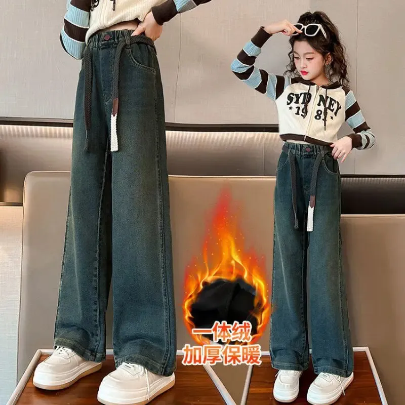 Winter Warm Fleece Jeans For Girls Thick, Loose Fitting Pants With