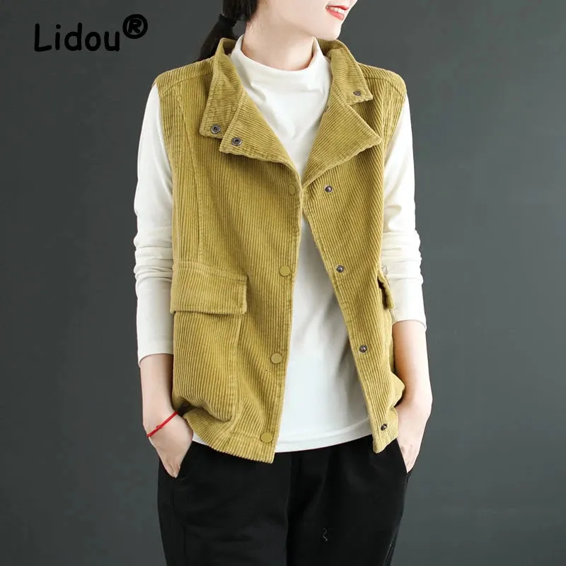 Damesvesten Dames Retro Corduroy Casual Losse mouwloze zakken Vest met enkele rij knopen Lente Herfst Effen gilet Vrouwelijke kleding 231204