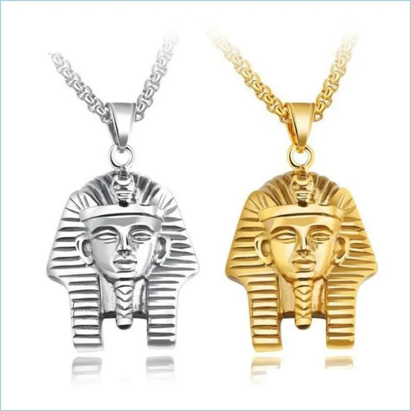 Pendant Necklaces Men Hip Hop Necklace Stainless Steel Egyptian Pharaoh Head Chain Punk Jewelry Drop Delivery Pendants Dh5Vi