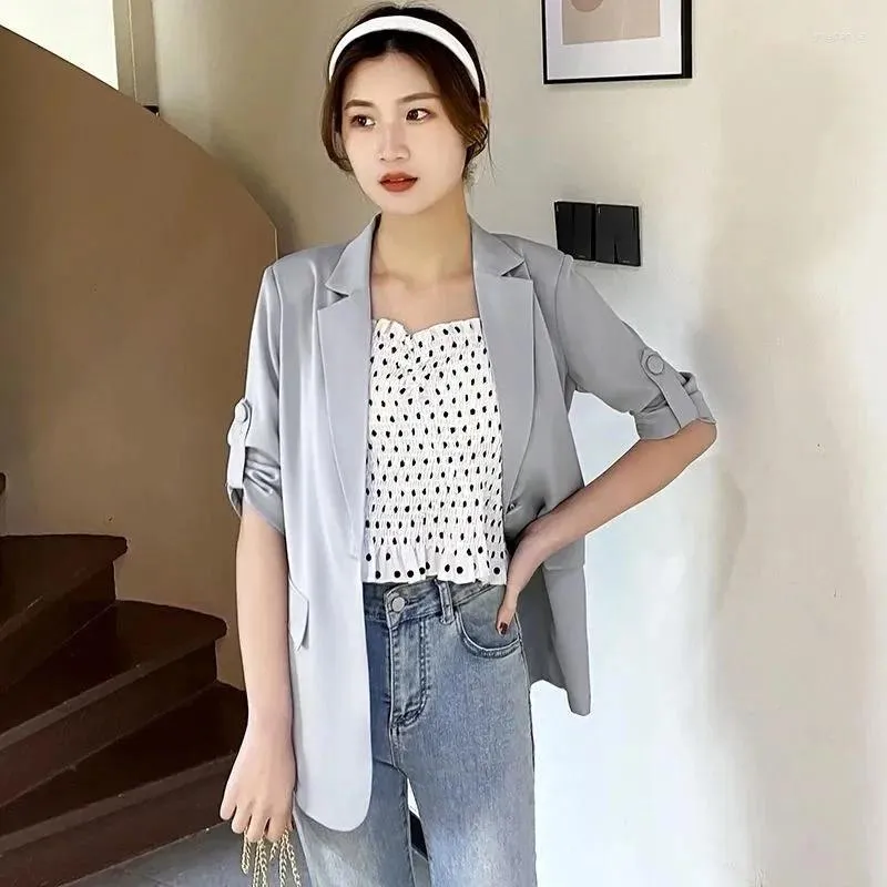 Kvinnors kostymer S-XXL Kvinnor Blazer Jacket Chiffon Thin Three Quarter Sleeve Loose Spring Summer Autumn Casual Office Work White Blue Yellow