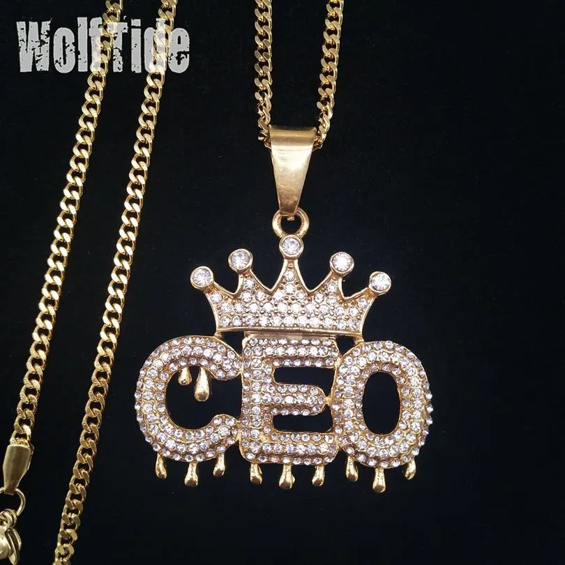 Collana da uomo con corona CEO, lettere iniziali, pedante, catena cubana, collana in acciaio inossidabile, gioielli hip-hop con diamanti bling in oro personalizzato2374