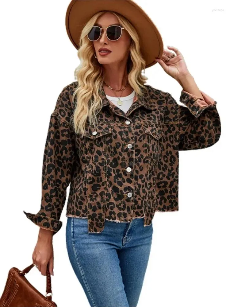 Women's Jackets Denim Autumn Leopard Print Coats Women Casual Fashion Irregular Ladies Cropped Long Sleeve Loose Woman Coat 2023