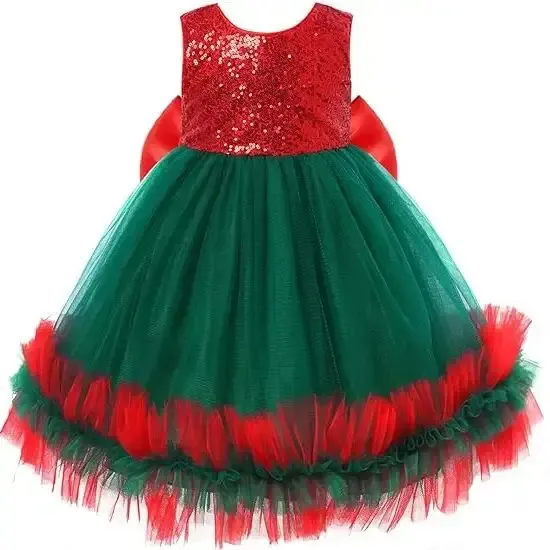 Abiti da ragazza Girlymax Inverno Neonate Anno di Natale Twirl Al ginocchio Abbigliamento Scintillante Tutu Paillettes Tulle Fiocco Abito da festa Senza maniche 231204