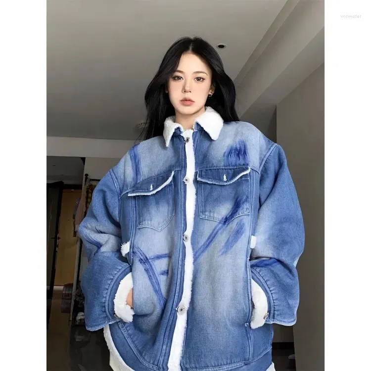 Women's Jackets Korean Simple Denim Berber Fleece Thicked Warm Jacket Winter Graffiti Long Sleeve Coats Y2k Aesthetics Unisex Cotton Tops