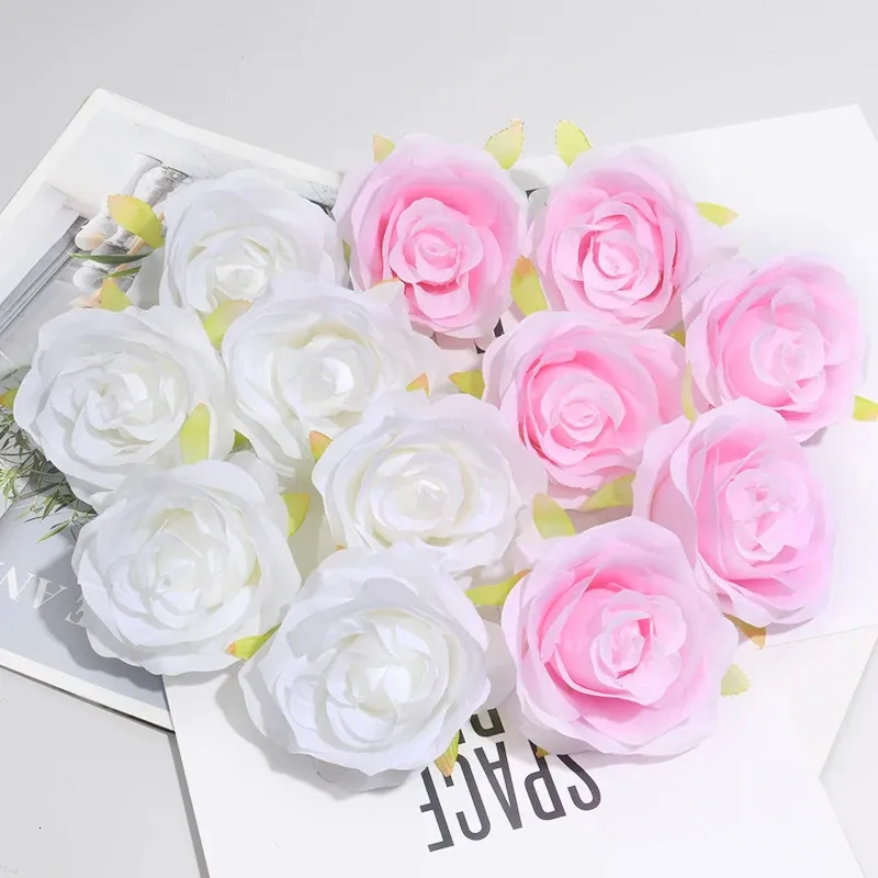 Decorative Flowers Wreaths 30pcs/7-8cm White Rose Artificial Silk Flower Heads DIY Wedding Home Birthday Party Decoration Wreath Scrapbooking Fake Flowers 231205