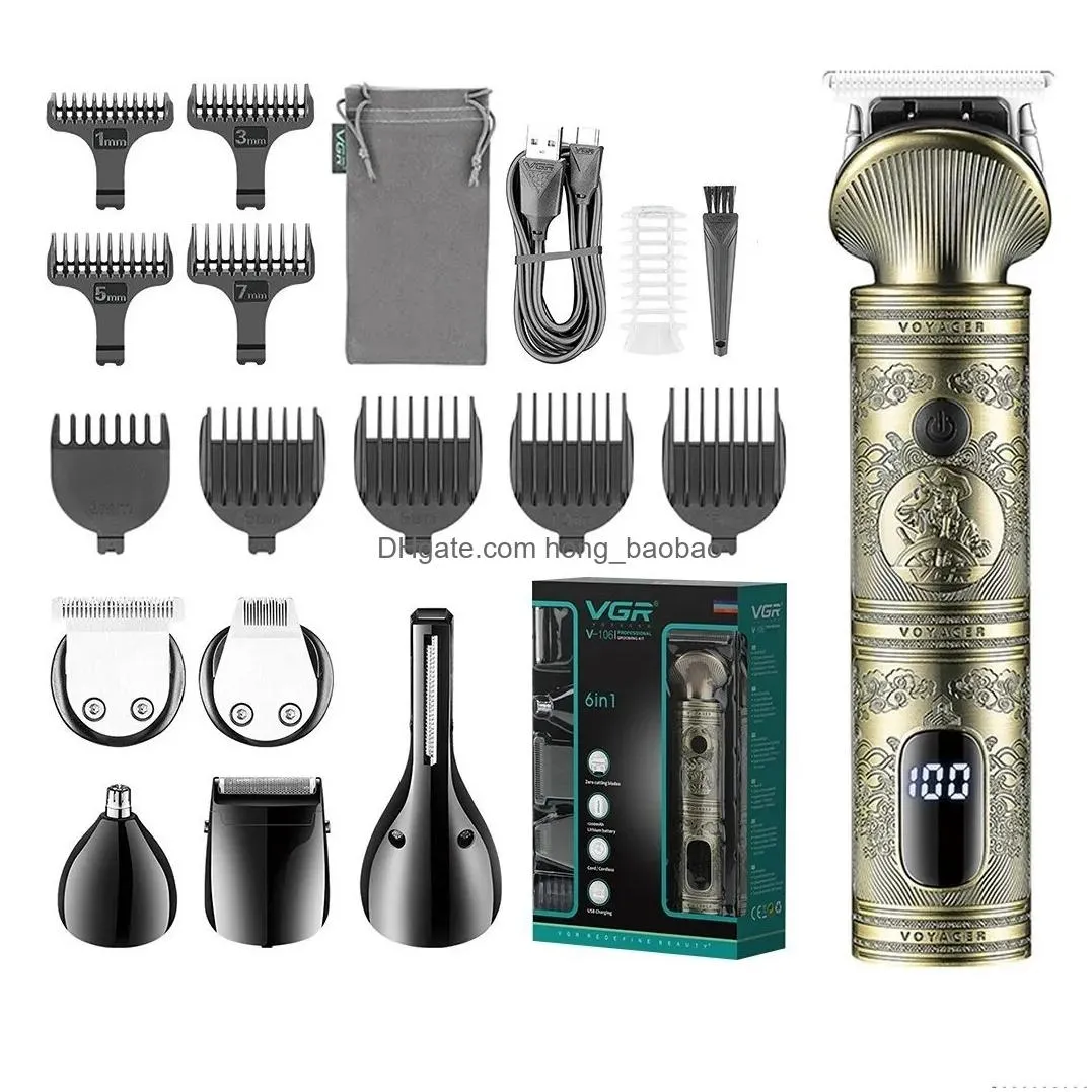 Electric Shavers VGR Grooming Kit Hair Trimmer 6 i 1 Clipper Nose Shaver Body Professional Rechargeble Metal Vintage V-106 Drop de Dhdsi