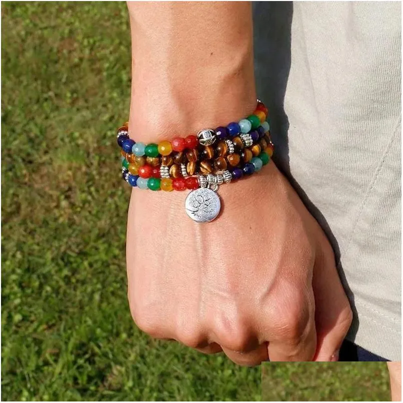 Chain Link Armbanden Nartrual 108 Mala Tijgerogen Steen 7 Chakra Energie Yoga Armband Voor Mannen En Vrouw Drop Levering sieraden Dhmz1