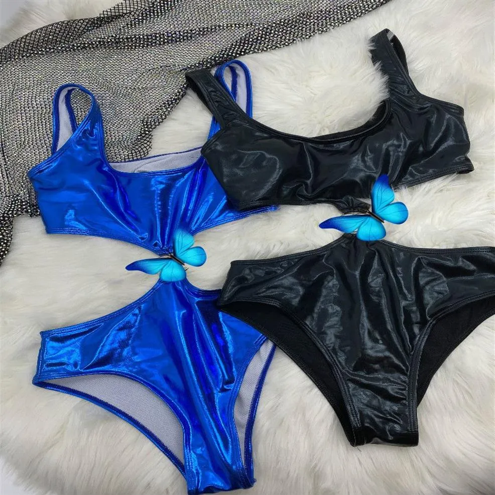 Nieuwe Lederen Badpak Bikini Set Vrouwen hardware Pad Badmode Zwart Blauw Snelle Badpakken Sexy pad tags277U