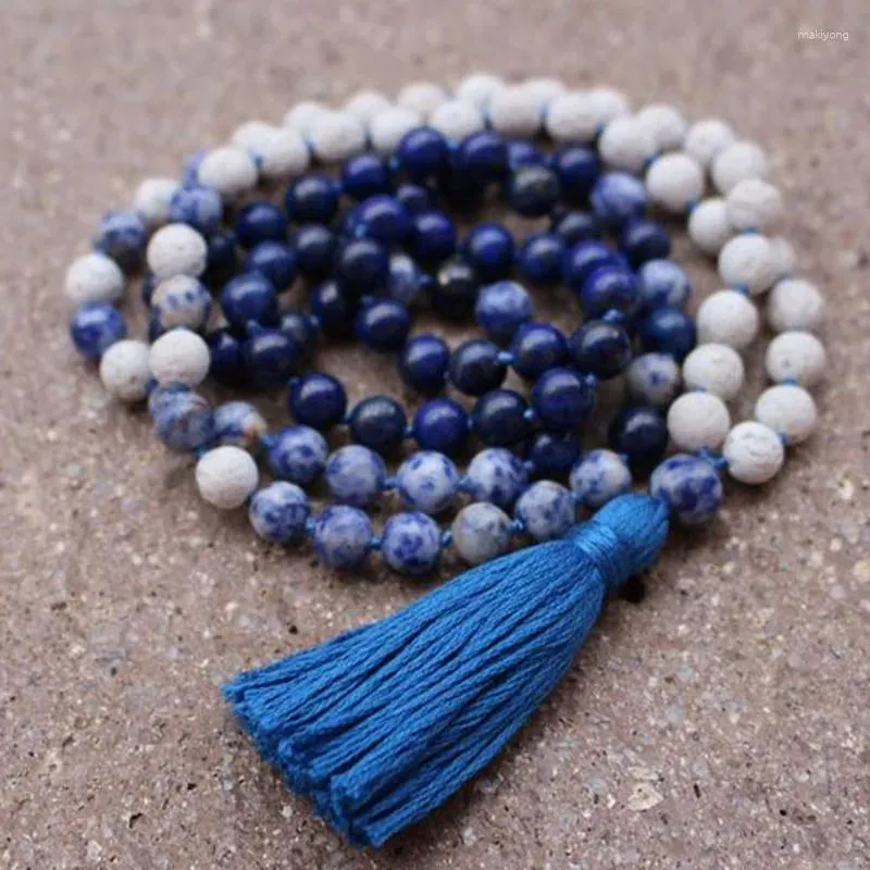 Chains 108 Prayer Beads Mala Necklace Lapis Lazuli Sodalite And White Lava Stone Yoga Tassel Jewelry