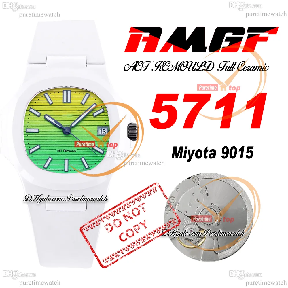 AMGF AET 5711 Miyota 9015 automatisch herenhorloge 40 mm witte keramische kast Hawaii Sunset getextureerde geelgroene wijzerplaat Rubber Super Edition horloges Reloj Hombre Puretime A1