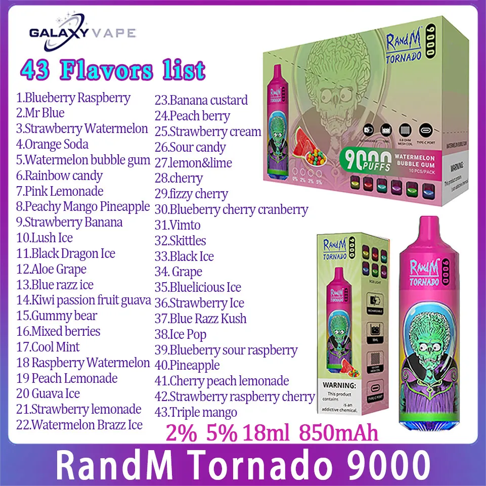 100% Original RandM Tornado 9000 Puff Disposble Vape 43 Saveurs 18 ml pré-rempli Pod E Cigarette 600 mAh Batterie rechargeable Puffs 9k