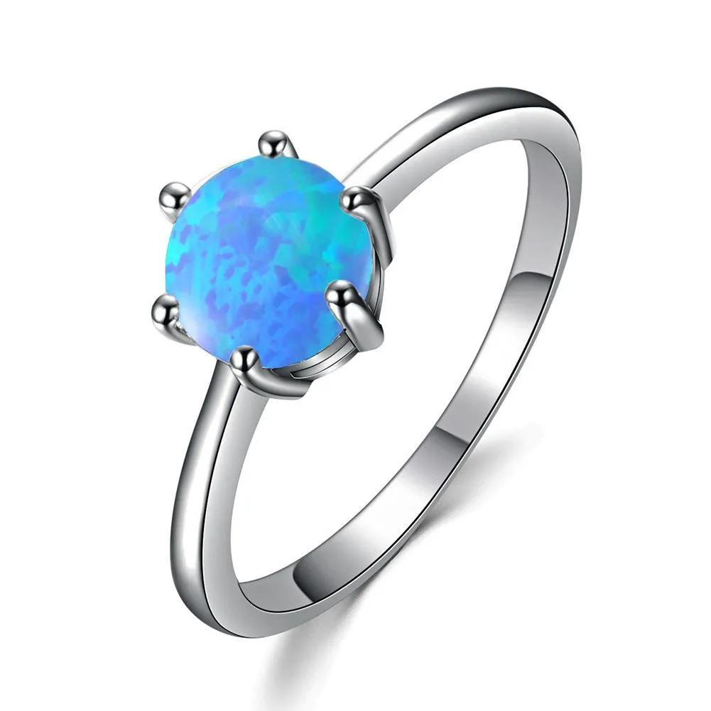 Anello solitario Luckyshine 6 pezzi / lotto stile reale rotondo blu opale di fuoco pietra preziosa 925 Sier donne fedi nuziali amico di famiglia regalo di festa Dhji0