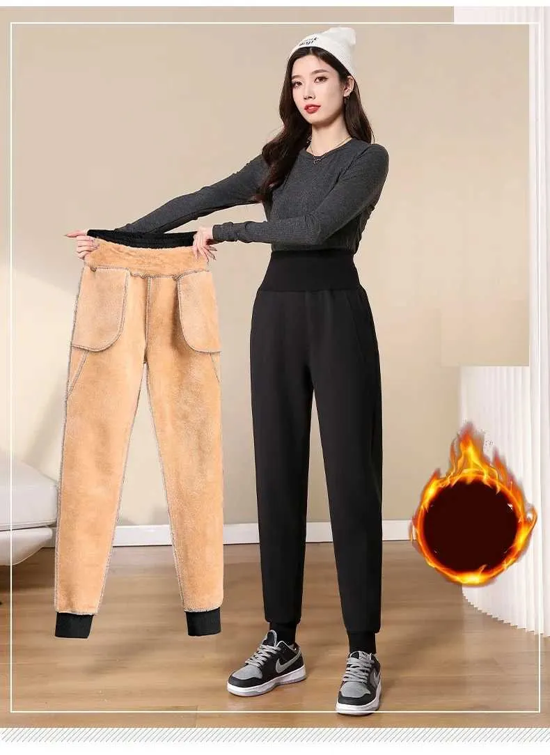 Women Pants Warm Winter Thick Lambskin Cashmere Pants High Waist Black  Harem Long Trousers Wool Cold Resistant Pants PELEDRESSS