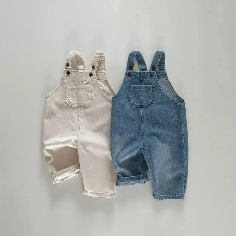 Combinaisons Automne fille bébé Denim salopette garçon enfants solide décontracté sans manches bretelles combinaison infantile coton pantalon enfant Simple pantalon 231204