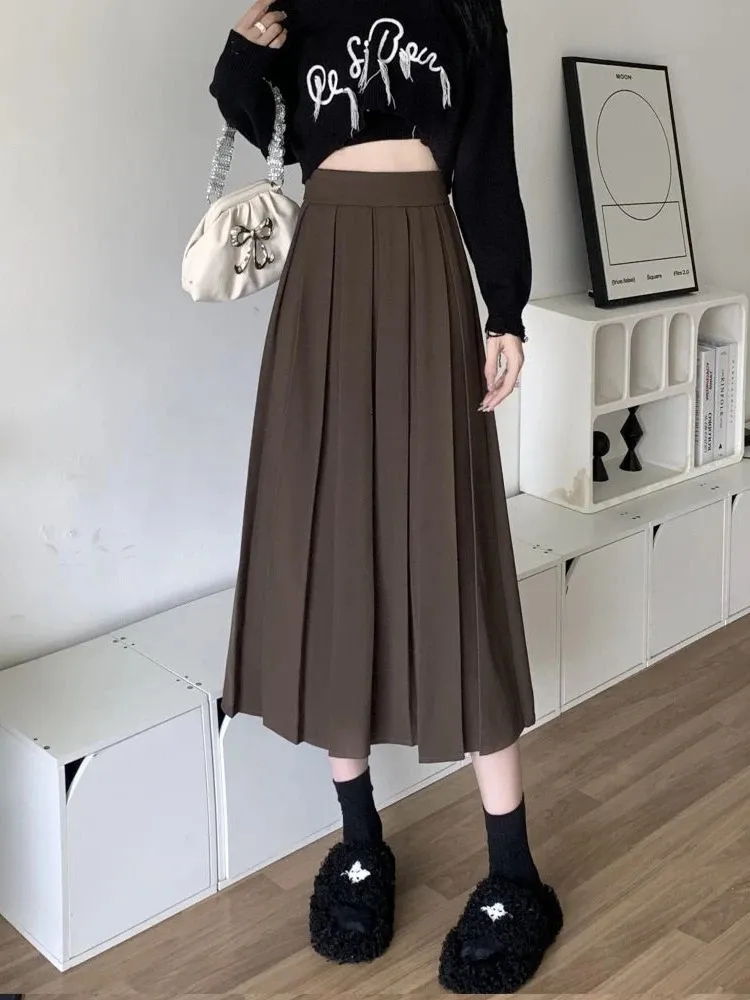 스커트 Houzhou Long Preated Skirt 여성 빈티지 한국 패션 고체 고형 허리 미드 미디 여고 여학생 우아한 가을 231204