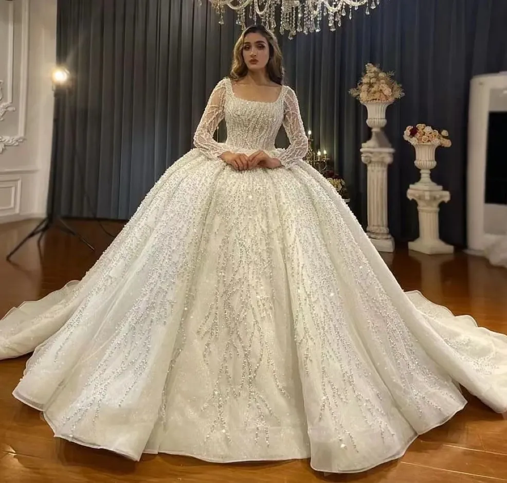 2024 Glitter Puffy Arabic Dubai Wedding Dress Square Neck Long Sleeves Crystal Beads Appliqued Lace Women Bridal Gowns Court Train New Vestido De Novia