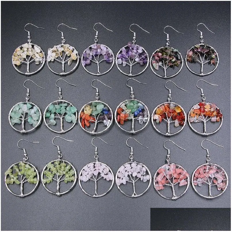 Dangle Lustre Arbre De Vie Boucles D'oreilles Puce Naturelle Pierre Gemme Opale Oeil De Tigre Rose Cristal Crochet Boucle D'oreille Femmes Bijoux Livraison Dhko3