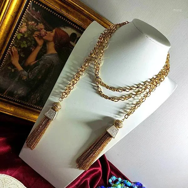 Kedjor Medieval Tassel Set med Shiny Crystal Ball Pendant Free Wrap Necklace Sweater Chain Women