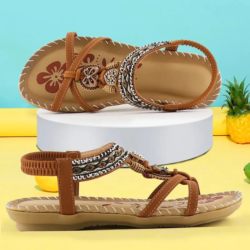 Sandales Strass sandales dames rétro bande élastique plat chaussures d'été femme doux gladiateur sandales bohème imprimé marche luxe 231204
