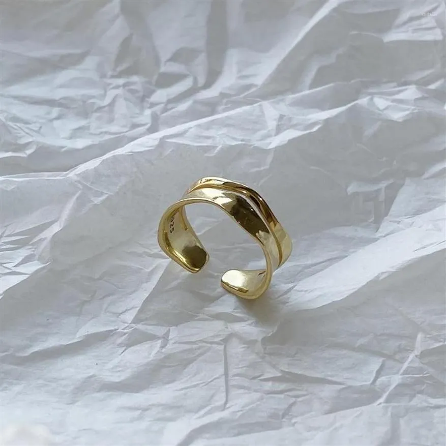 Anéis de cluster cor de ouro irregular dupla camada elegante para mulheres forma de onda 925 prata esterlina festa jóias menina gift254y