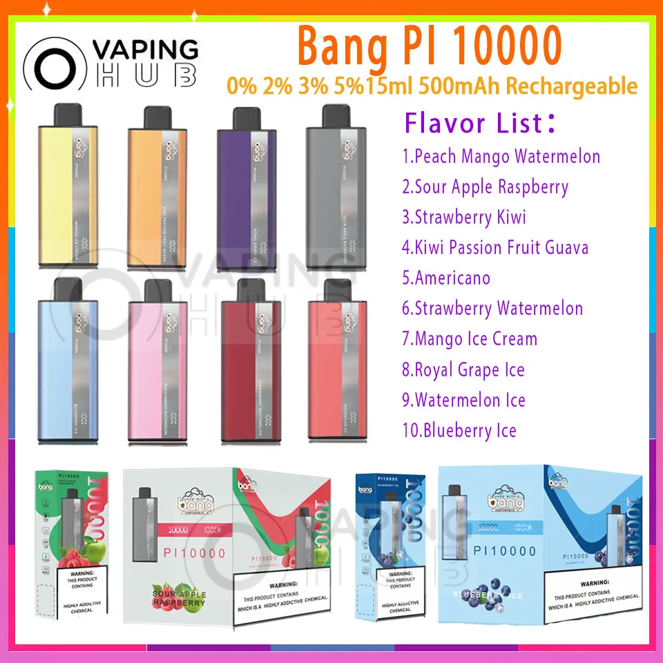 Originele Bang PI 10000 Bladerdeeg Wegwerp-e-sigaretten 15 ml Voorgevulde peulen Mesh Coil 500 mAh Batterij 10 smaken Elektronische sigaret 0% 2% 3% 5% Rookwolken 10K Vape-pen