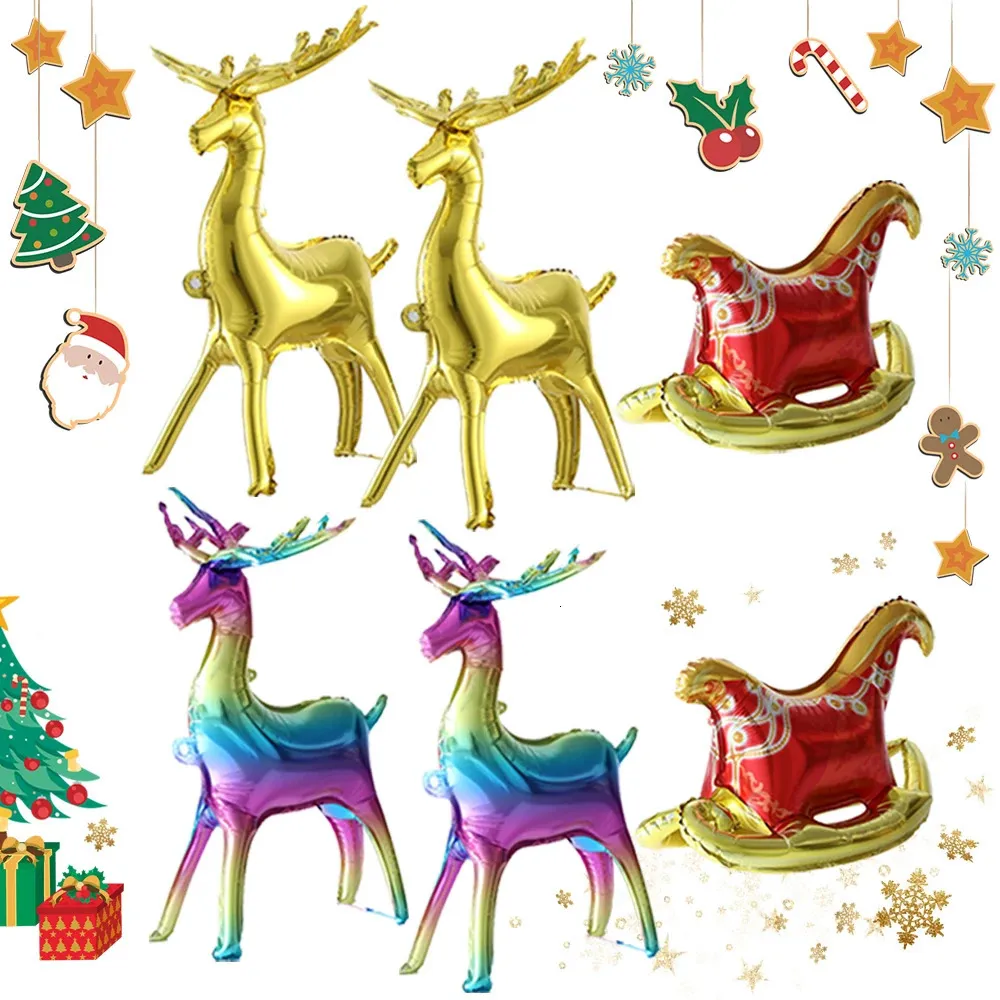 Decorações de Natal 4D Cute Standing Gold Elk Deer com balões de folha de trenó Decorações de festa em casa de Natal Presentes Rena colorida Santa Elk Sleigh 231205