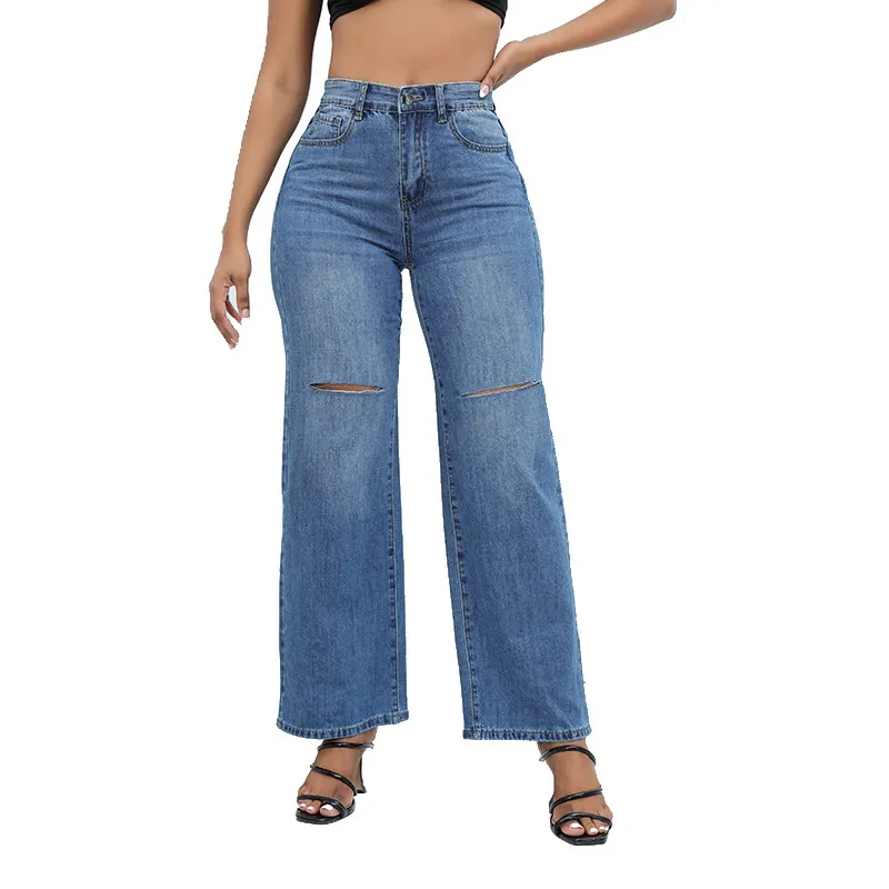 Frauen Casual Jeans Flare Hosen Knie Löcher Vintage Mittlere Taille Fit Weibliche Gerade Hosen Hohe Qualität Kostenloser Versand