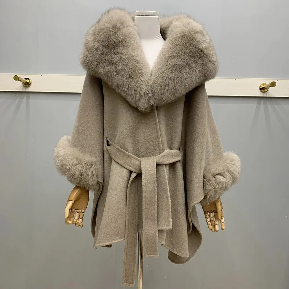 Womens Jackets CXFS Autumn Winter Warm Fox Fur Collar Large Turndown Women Loose Version 100% Wool Woolen Coat Luxury 231204